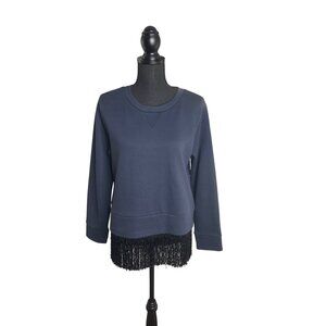 J. Crew Women's Navy-Blue Sweatshirt with Black Fringe and Exposed Zipper M